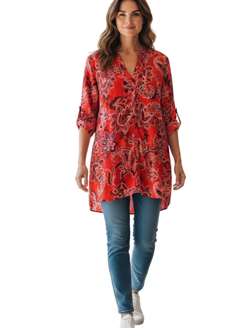 Catherines Tunic Blouse Womens Plus 1X Red Paisley Button Front Long